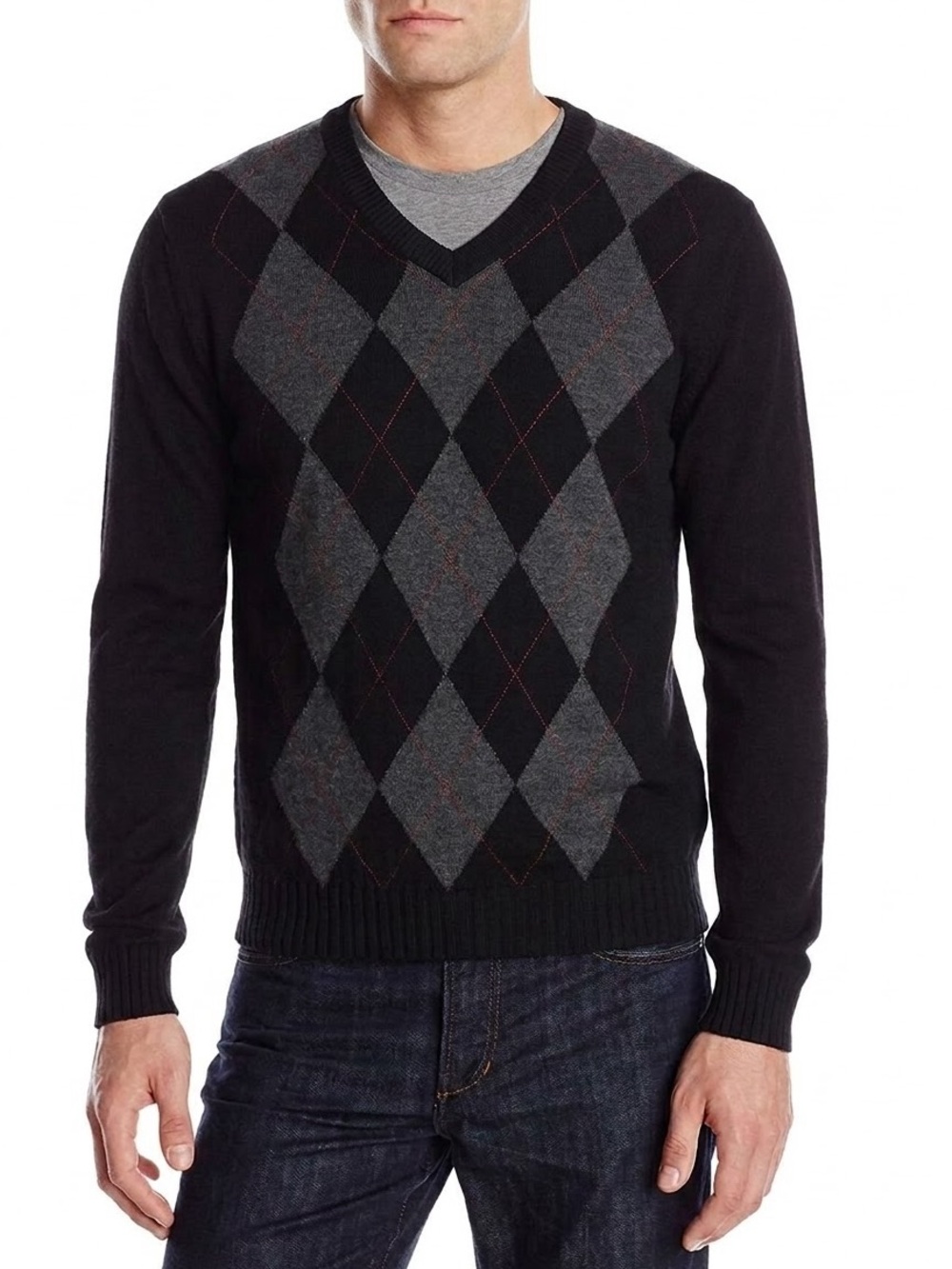 Men's Black & Gray Argyle V-Neck Sweater - Classic Knit 100% Merino Wool